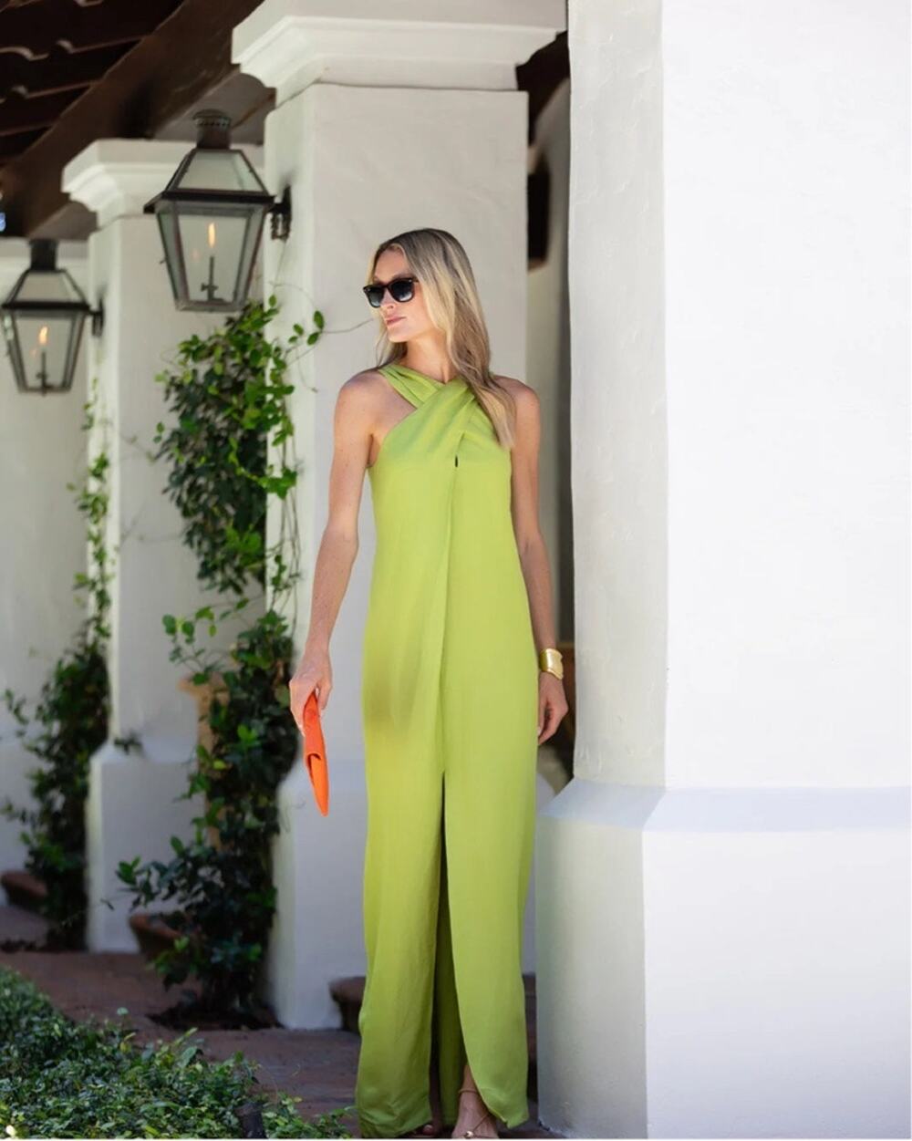 NWT Julia Amory Camille Linen Maxi Dress XS Lime Green Halter Front Slit